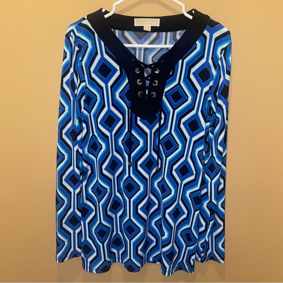 MICHAEL KORS Amalfi Blue Black Geometric Silk Blouse Long Sleeve Top Shirt - Picture 10 of 10